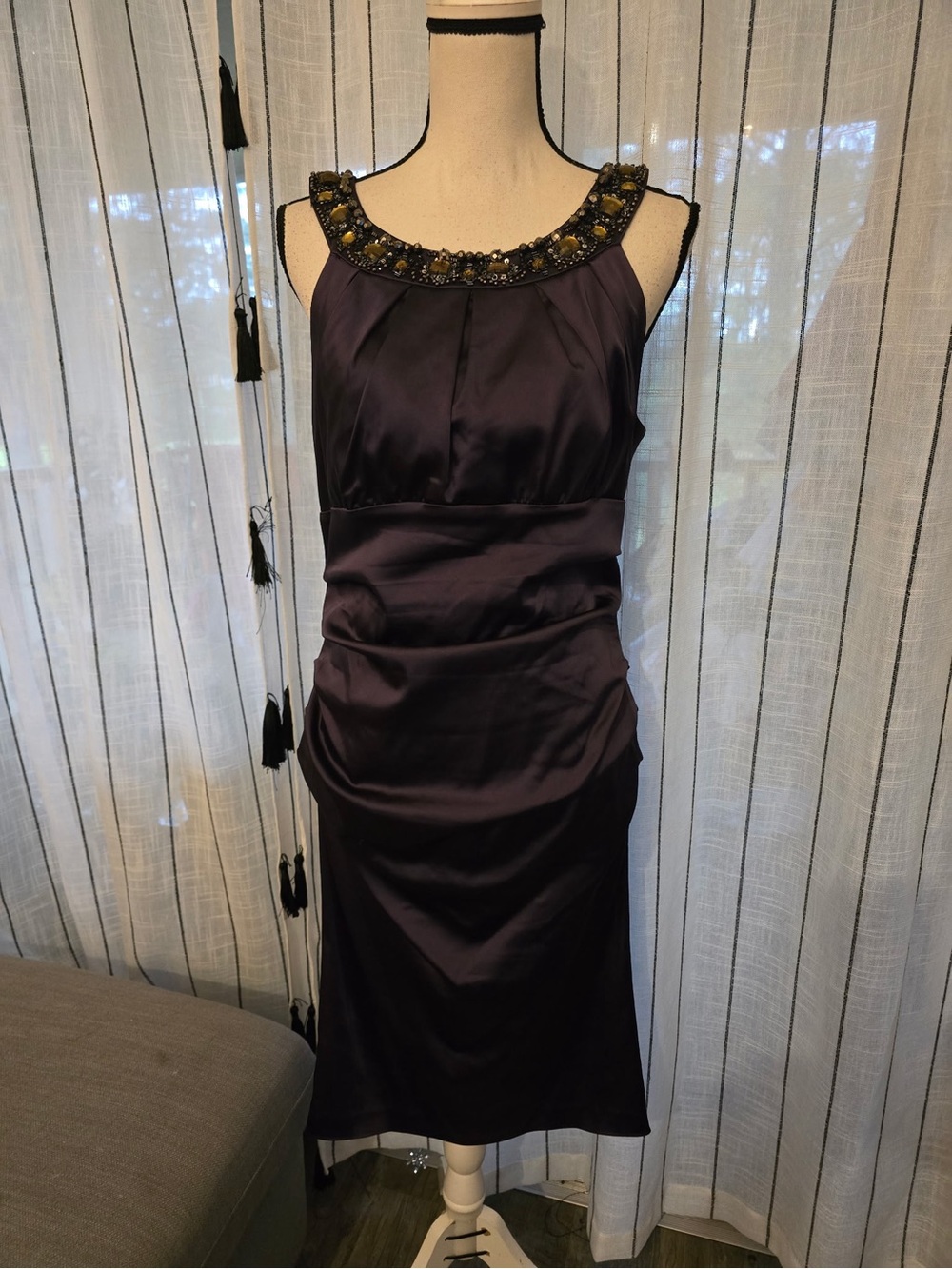 Suzi Chin for Maggy Boutique Deep Purple Satin Midi Dress with Beaded Neck